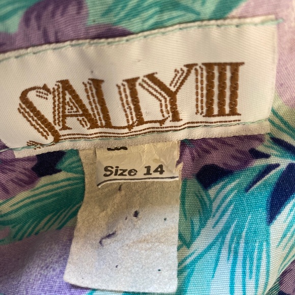 Vtg Sally III Green Purple Floral Midi Shirt Dress Rayon Sz 14 Cottage 80s - Picture 6 of 7